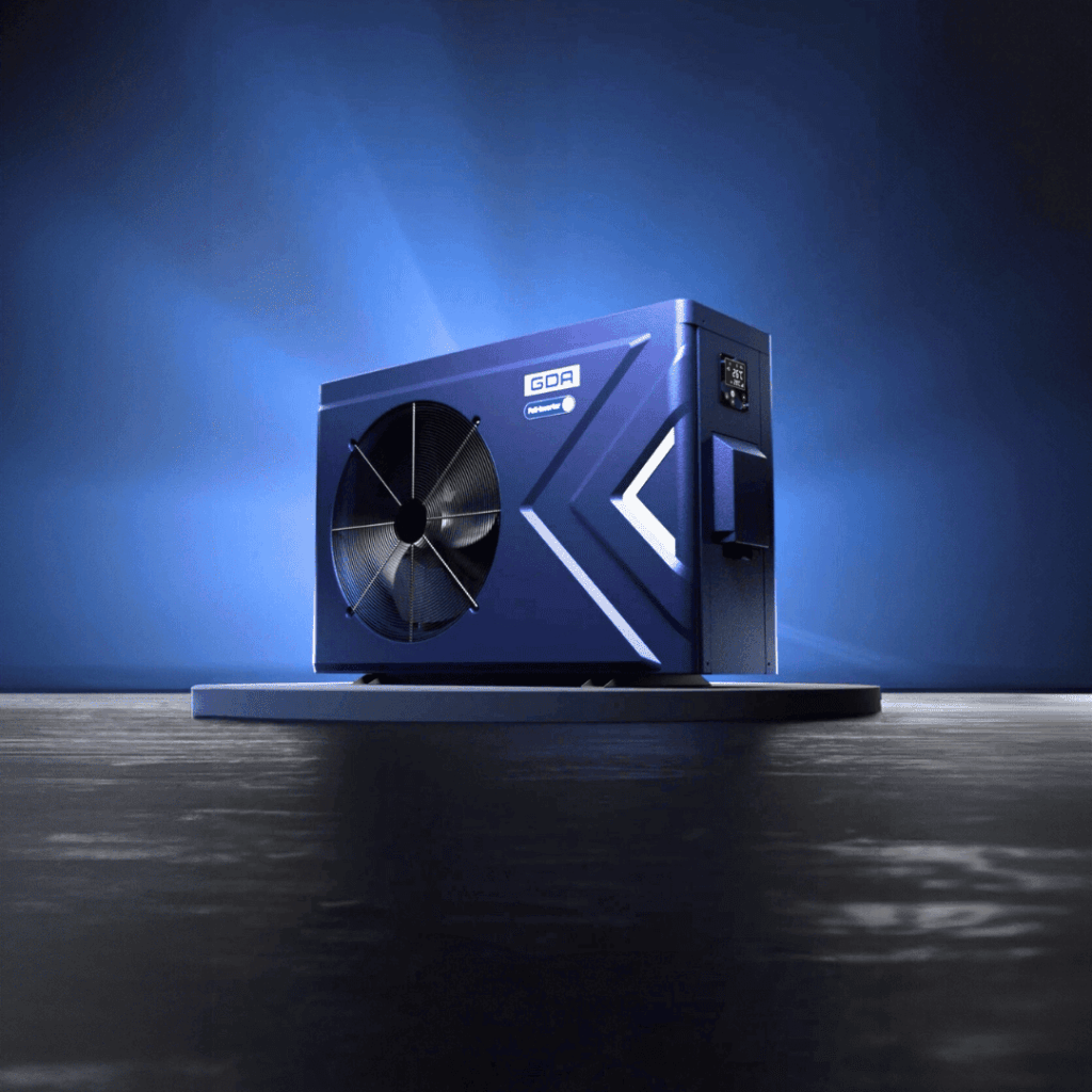 Trocador de calor GDA Full-Inverter para aquecimento de piscina em renderização 3D de alta performance sobre pedestal.
