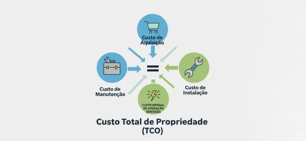 Infográfico explicativo sobre o Custo Total de Propriedade (TCO) de aquecedores para piscina, somando: custo de aquisição, instalação, manutenção e consumo mensal de energia.