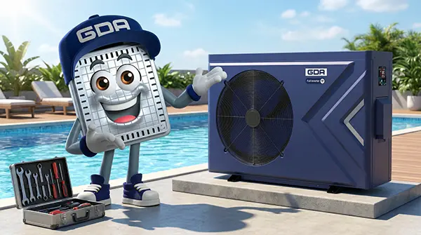 Mascote GDAzinho apresentando assistência técnica especializada para trocador de calor GDA em área de lazer com piscina e caixa de ferramentas.