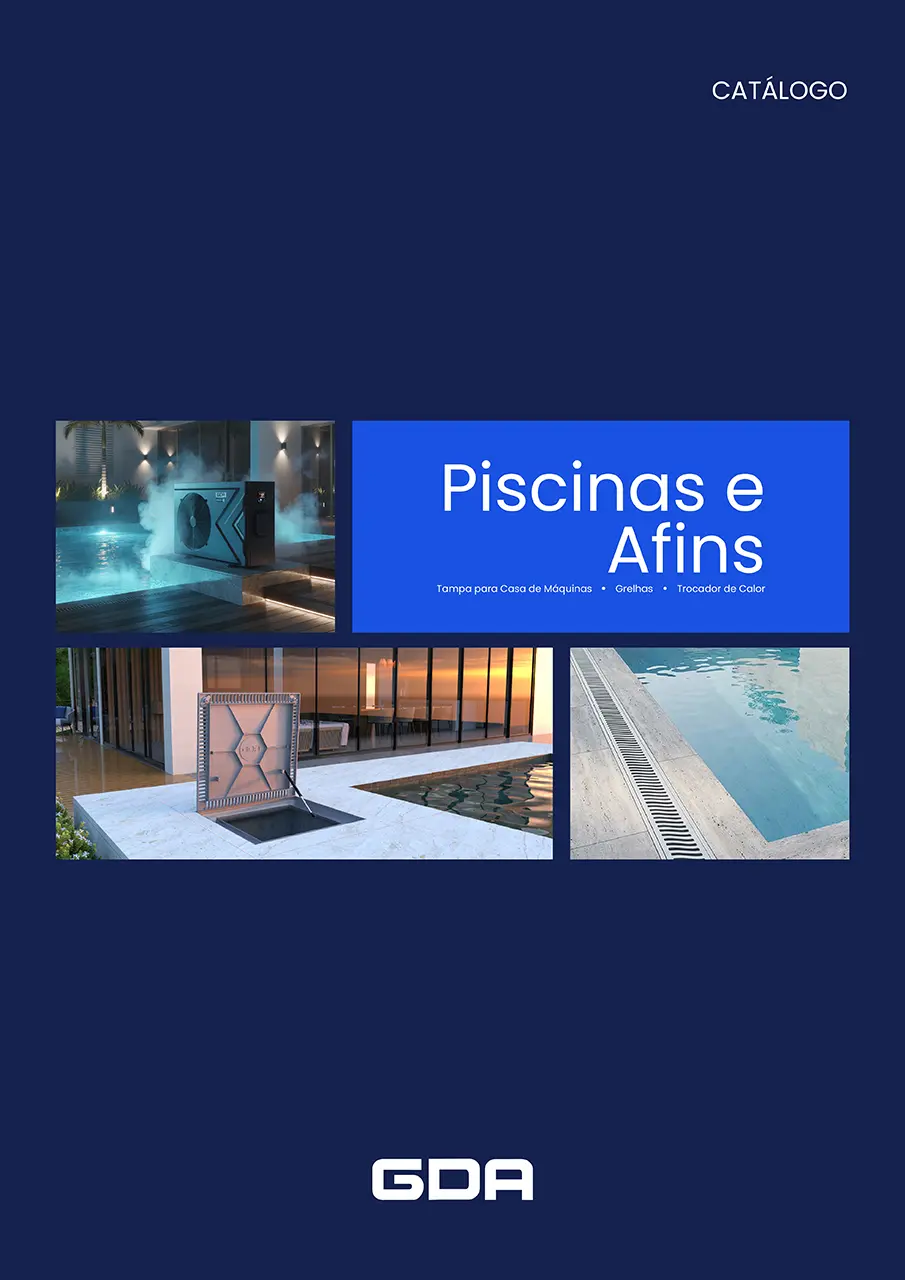 Capa do catálogo de produtos para piscinas GDA, apresentando trocador de calor, tampa para casa de máquinas de embutir e grelhas metálicas em ambientes externos de luxo.