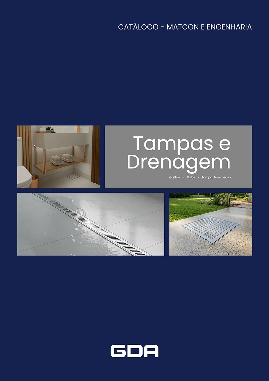 Capa do catálogo GDA Tampas e Drenagem, exibindo grelhas metálicas de embutir e ralo linear em área gourmet com acabamento em porcelanato.