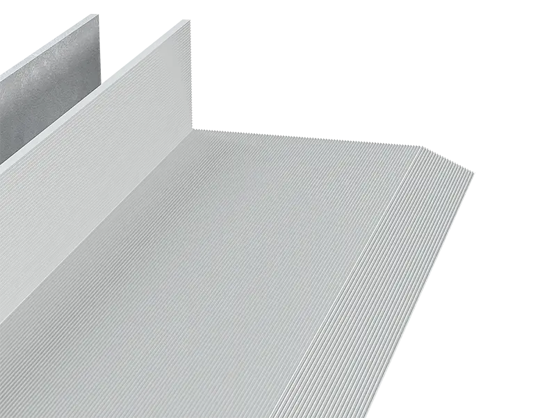 Desenho técnico detalhando o perfil de um ralo borda de piscina em alumínio para escoamento eficiente de decks.