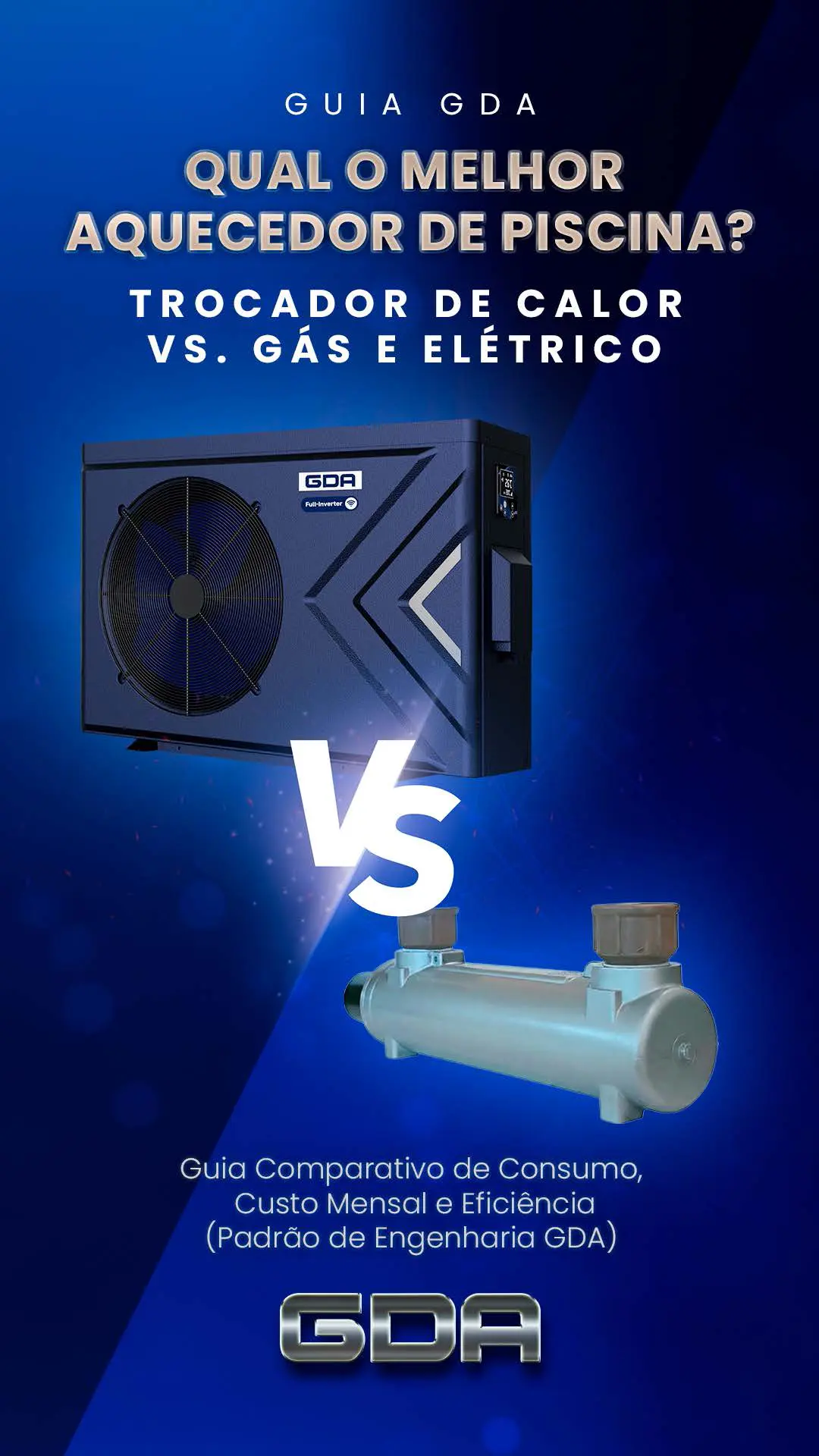 Capa do e-book técnico Guia GDA comparando qual o melhor aquecedor de piscina entre trocador de calor Full Inverter, aquecedor a gás e elétrico
