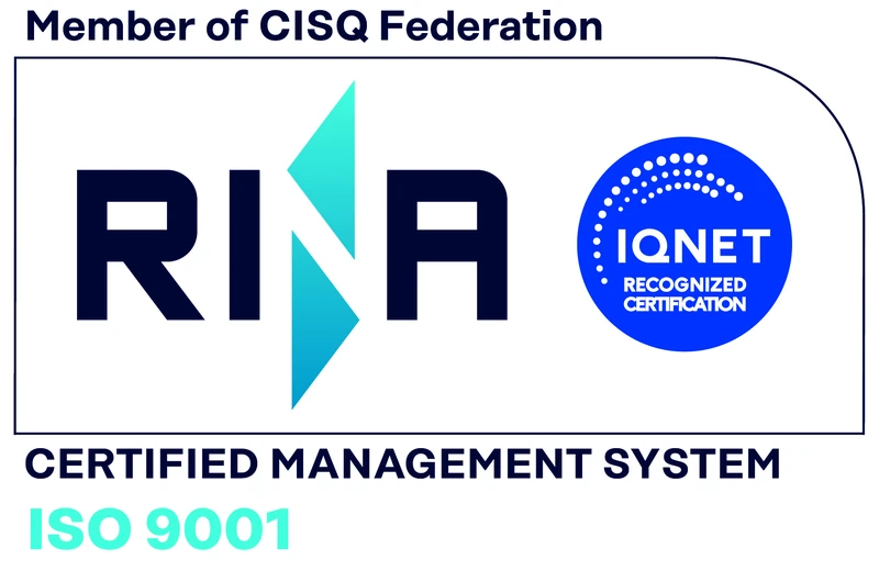 Selo de certificação ISO 9001 da GDA emitido pela RINA, com reconhecimento IQNet, atestando o sistema de gestão da qualidade da empresa