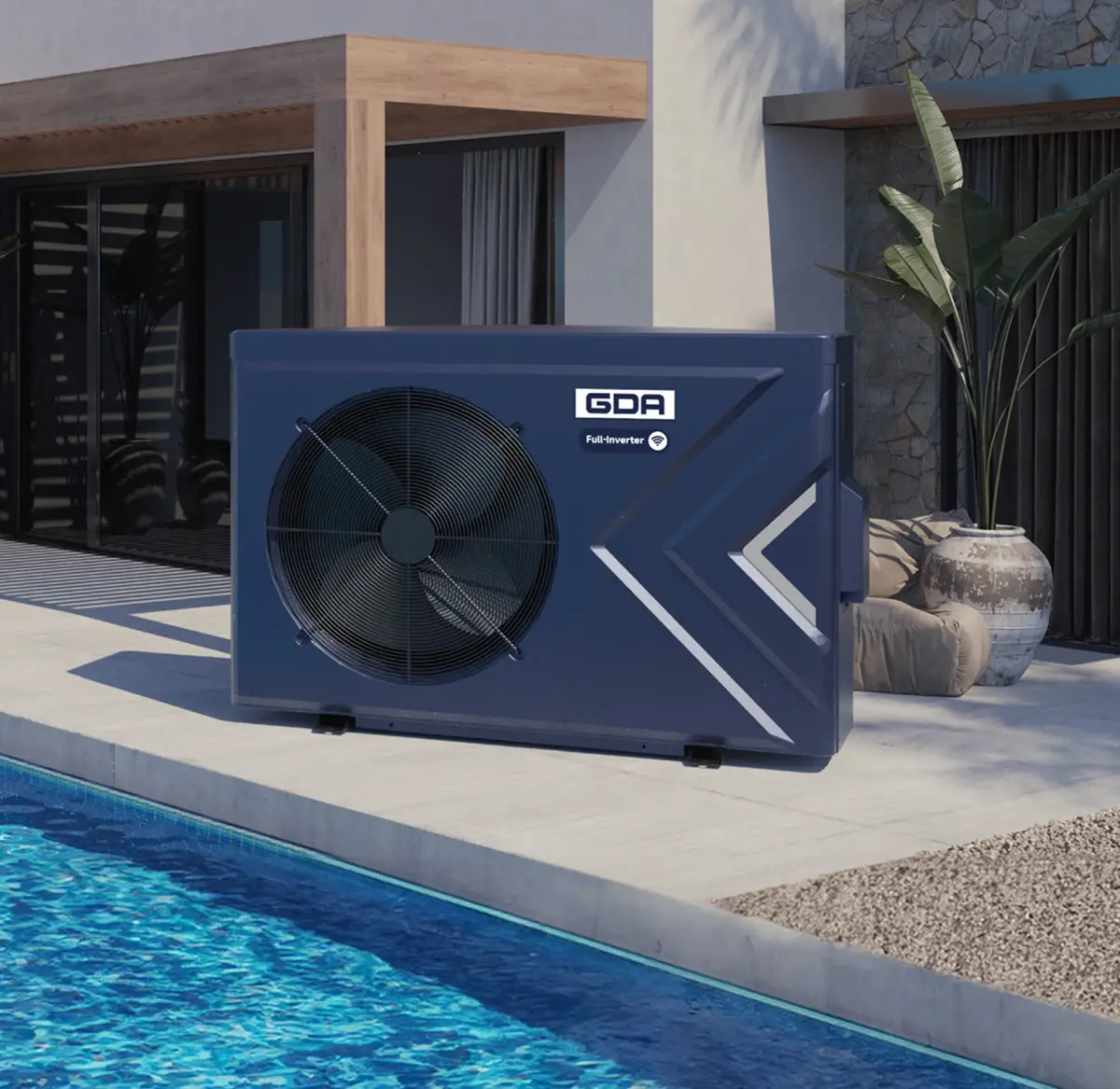 Equipamento trocador de calor piscina GDA Full Inverter instalado na área externa ao lado da piscina