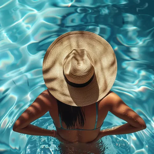Mulher relaxando em água confortável com aquecimento de piscinas residenciais
