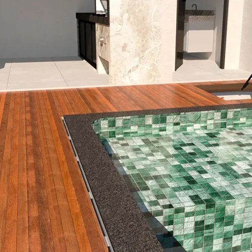 Render 3D mostrando um ralo em volta da piscina. Opção em alumínio fundido da GDA garante segurança e estética de alto padrão.