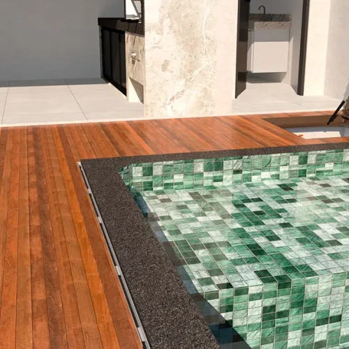 Renderização 3D de ralo para borda da piscina da GDA instalado entre deck de madeira e granito.