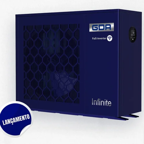 Trocador de calor full inverter modelo Infinite da GDA na cor azul marinho com indicação de lançamento e tecnologia Wi-Fi.